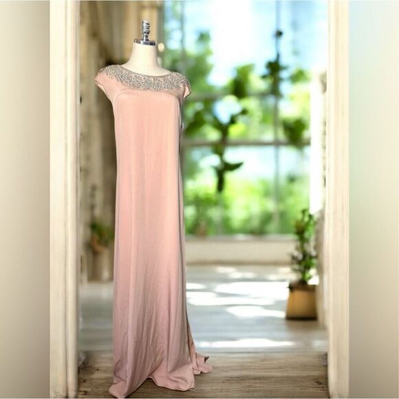 Theia Embellished Blush Gown Cap Sleeve Formal Dress - Picture 2 of 16